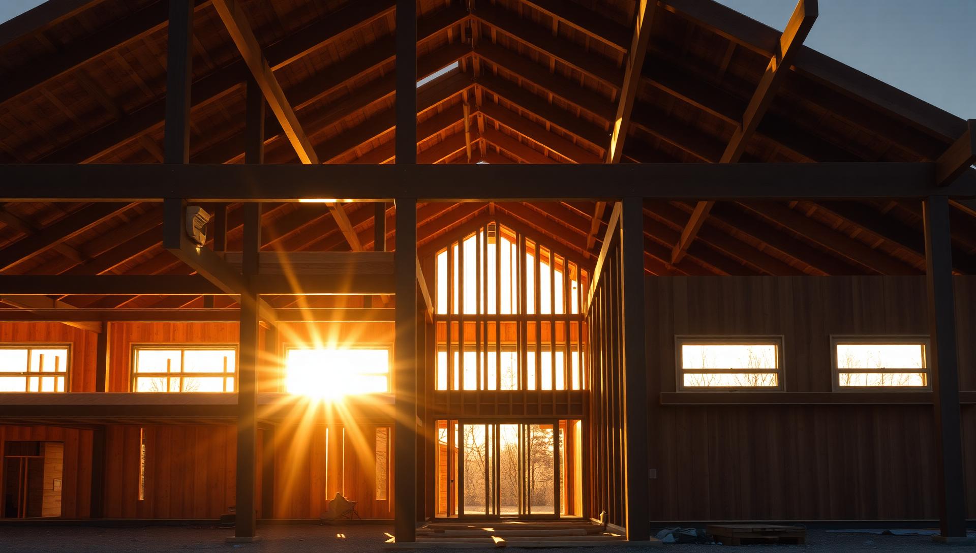 Custom home framing at golden hour